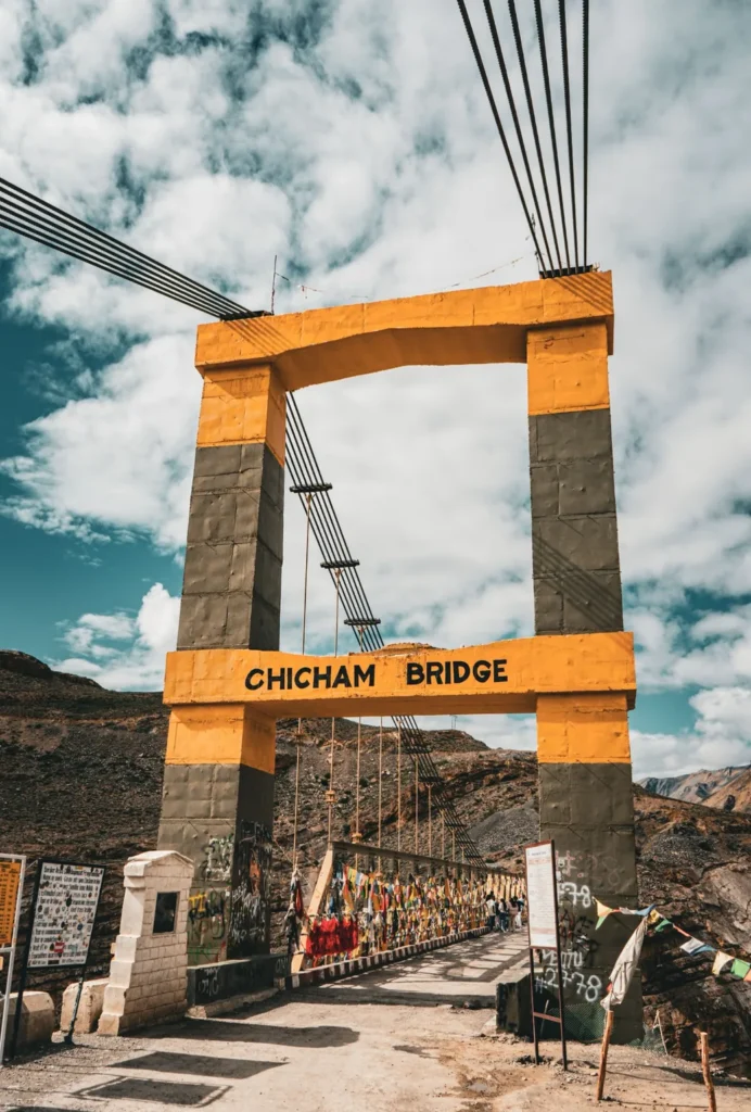Chicham Bridge entrance and suspension cables in Spiti Valley.